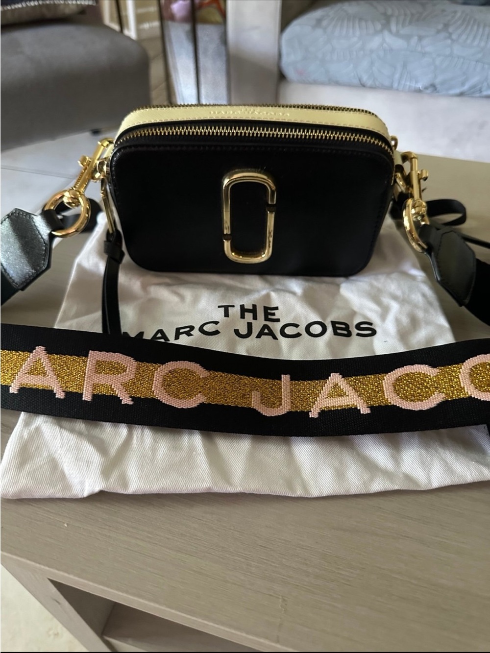 Marc Jacobs Black Leather Crossbody Camera Bag with Gold Trim